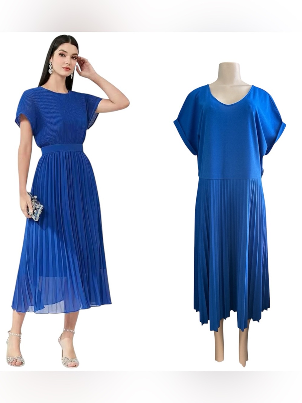 Elizabeth & Nicole Elegant Royal Blue Pleated Midi Crepe Dress Plus Size 1XL